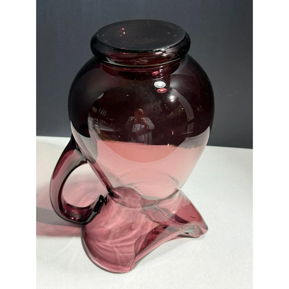 Amethyst Purple Hand Blown Glass‎ Pitcher Tri-Corner Ruffled Rim Vintage Plum